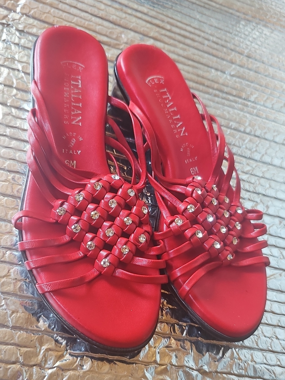 Italian Shoemakers Red Braided Slide Sandals with Crystal Studs